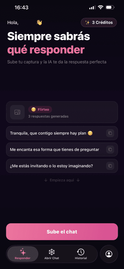 Rizr — pantalla de inicio con respuestas sugeridas