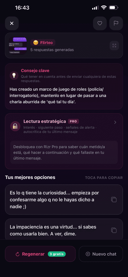 Rizr — vista de resultados con consejo clave y lectura estratégica