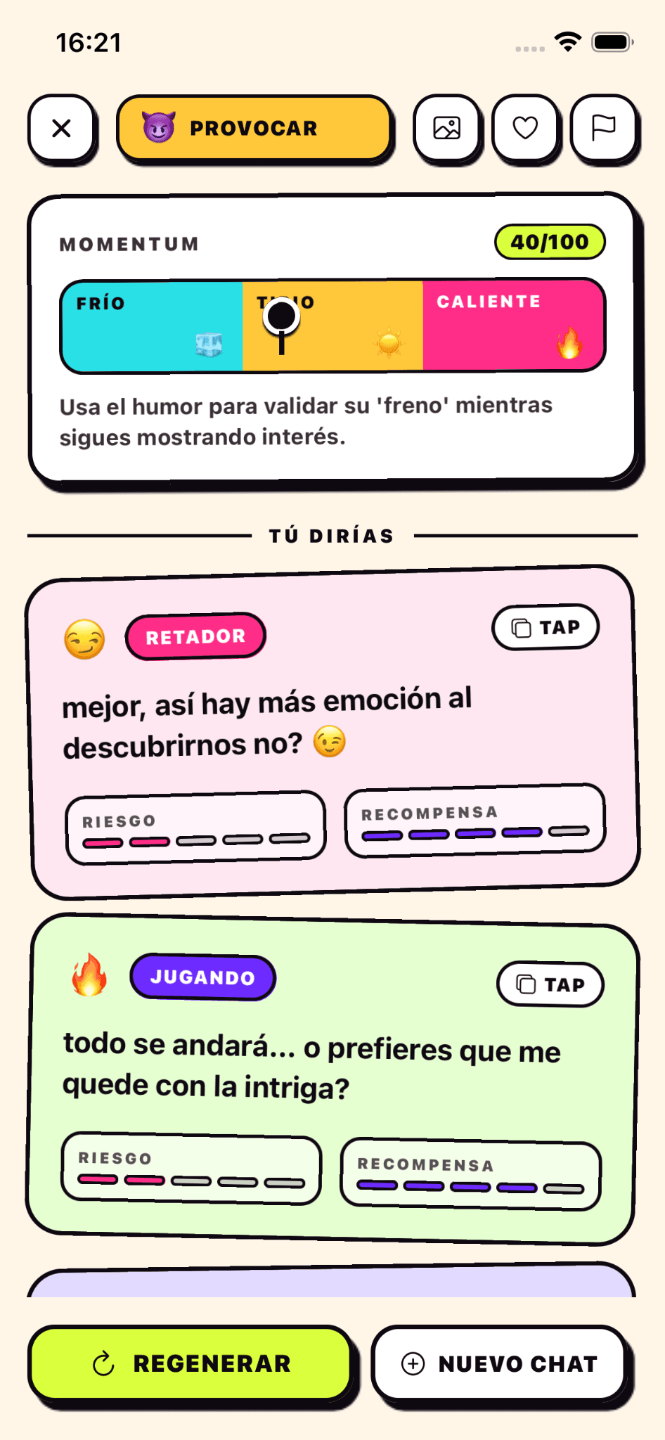 RIZR: vista de resultados con respuestas sugeridas y consejo estratégico