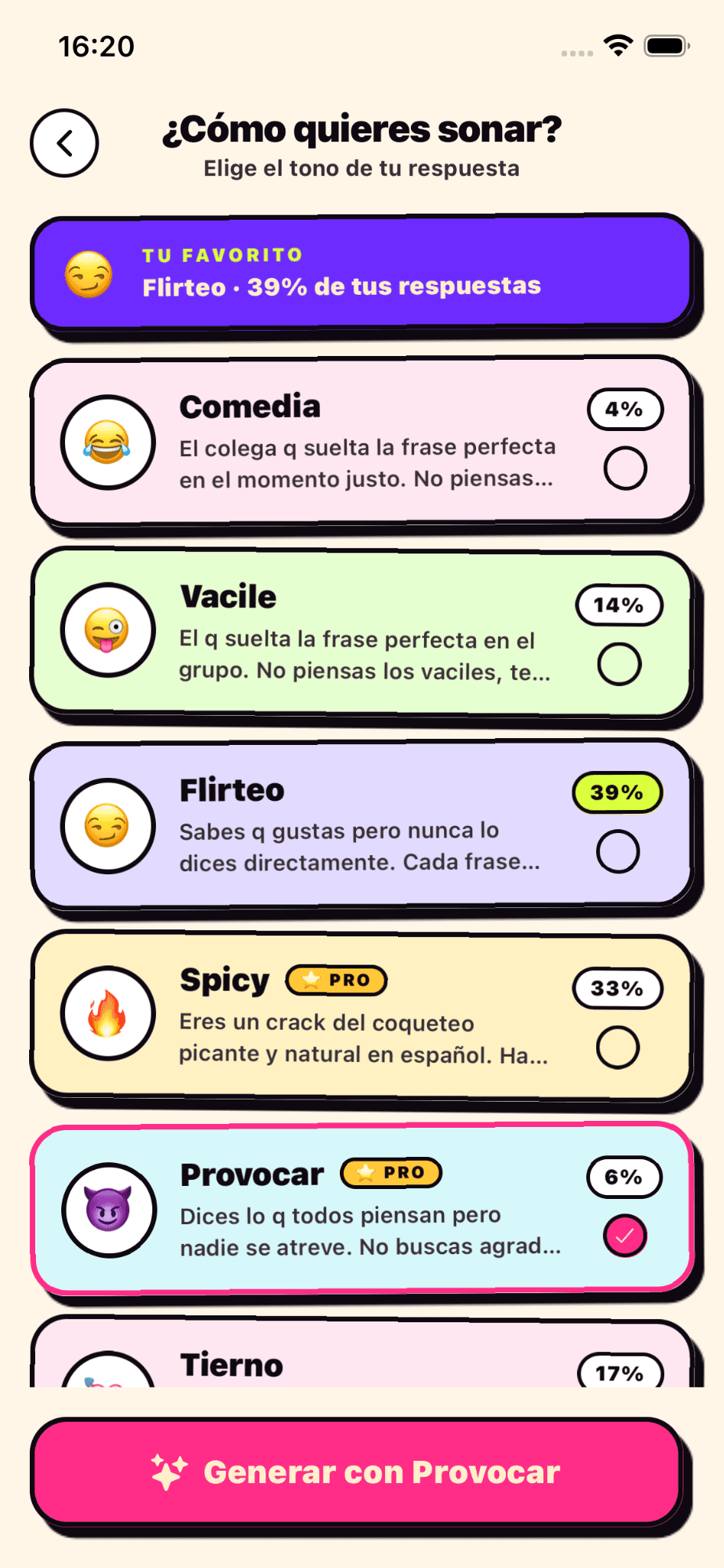 RIZR: selector con todos los tonos disponibles (gracioso, picante, coqueto, sigma...)