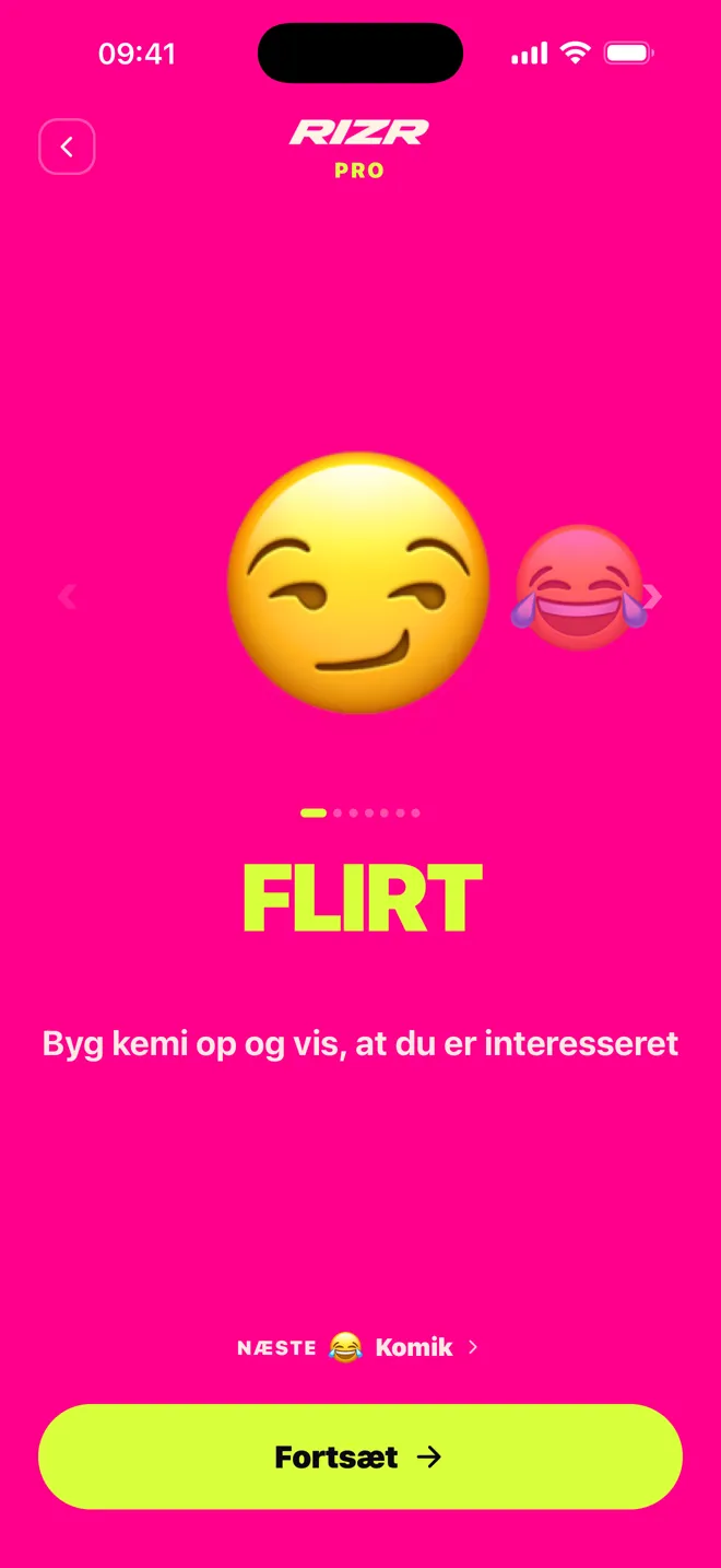 Ægte optagelse af RIZR-appen, der foreslår svar på en chat