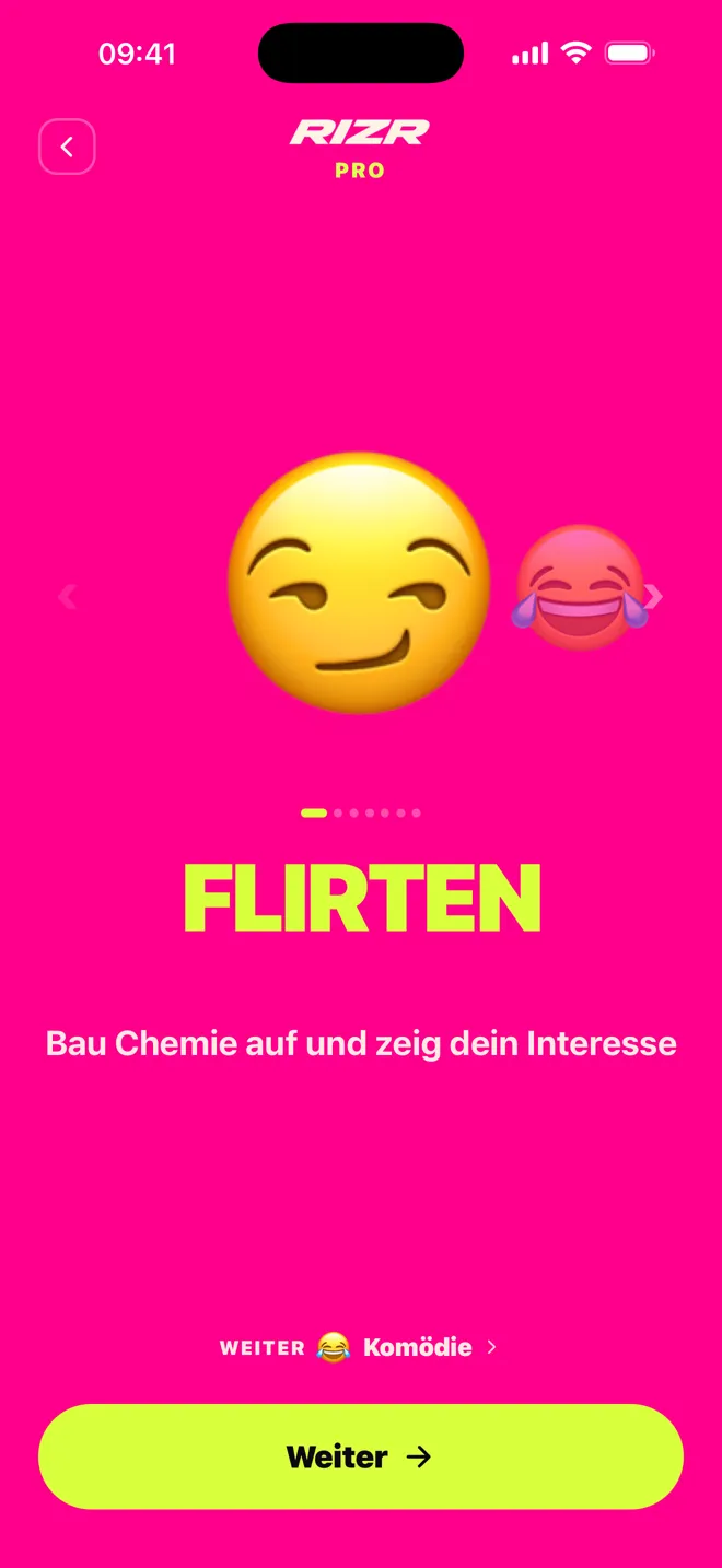 Echte Aufnahme der RIZR-App, die Antworten auf einen Chat vorschlägt