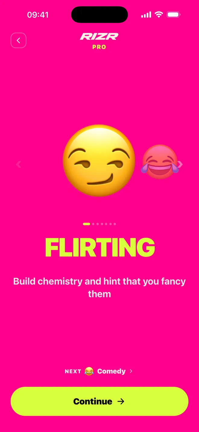 Real recording of the RIZR app suggesting replies to a chat