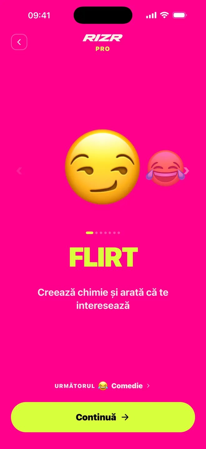 Înregistrare reală a aplicației RIZR care propune răspunsuri la un chat